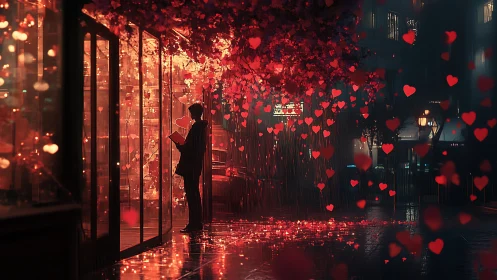 Urban Romance: Solitary Figure Amid Floating Heart Particles.