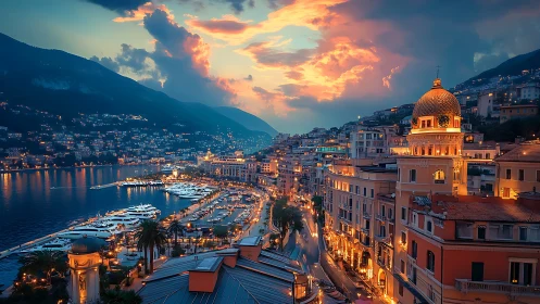 Mediterranean marina skyline under cinematic sunset glow.