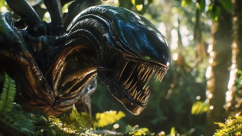 Alien creature bares gleaming teeth in a sunlit jungle world