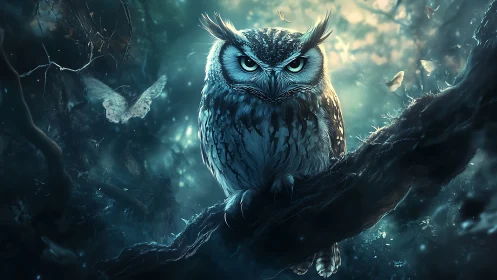 Mystical owl perched on branch in enchanting fantasy forest scene.