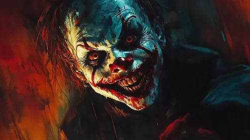 Grotesque clown portrait with bloodstained face and teeth.