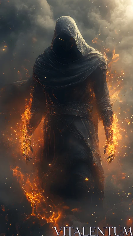 Hooded fiery wraith emerging from dense swirling smoke.