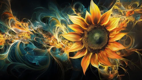 Fractal sunflower explodes through swirling cosmic light
