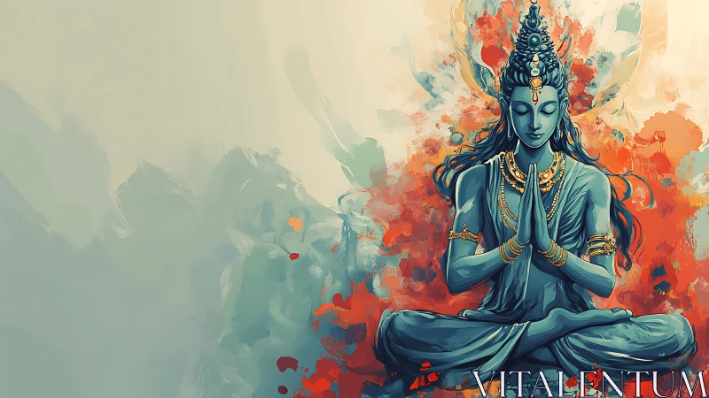 Digital painting of serene blue deity in meditative symmetry.