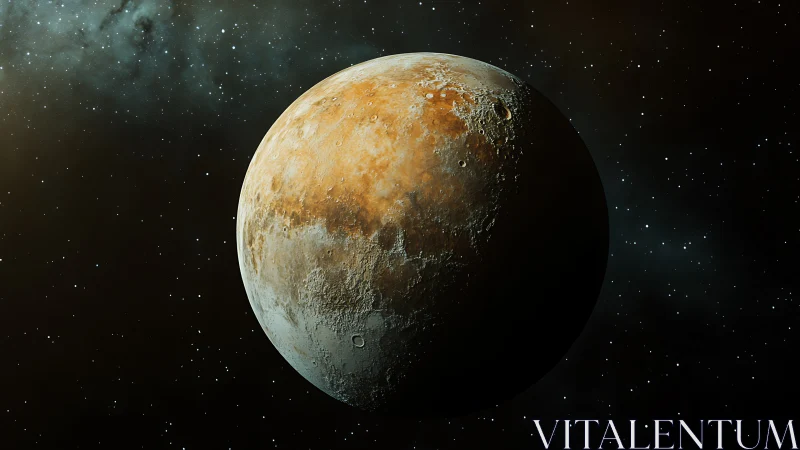 Warmly lit distant planet drifting through starlit space.