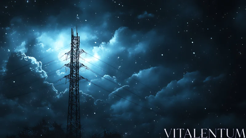 Lattice transmission tower silhouetted in stellar nocturne.