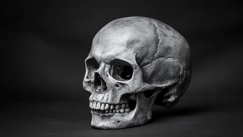 Human skull study under dramatic chiaroscuro studio light.