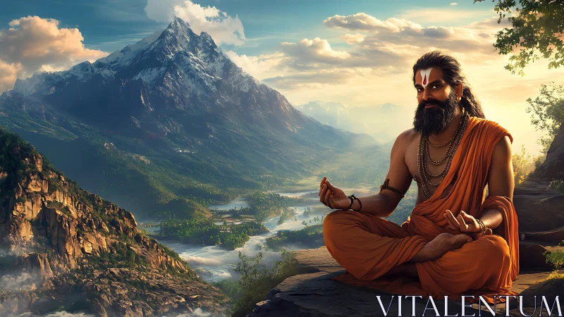 Meditating ascetic sits on rock ledge before distant mountain peak