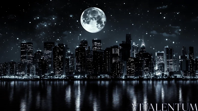 Nocturnal city skyline under lunar-lit waterfront reflection.