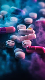 Neon-lit pharmaceutical capsules in atmospheric macro composition.
