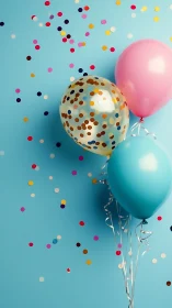 Confetti Dreams Ascending: Three Balloons Dance Through Sky.