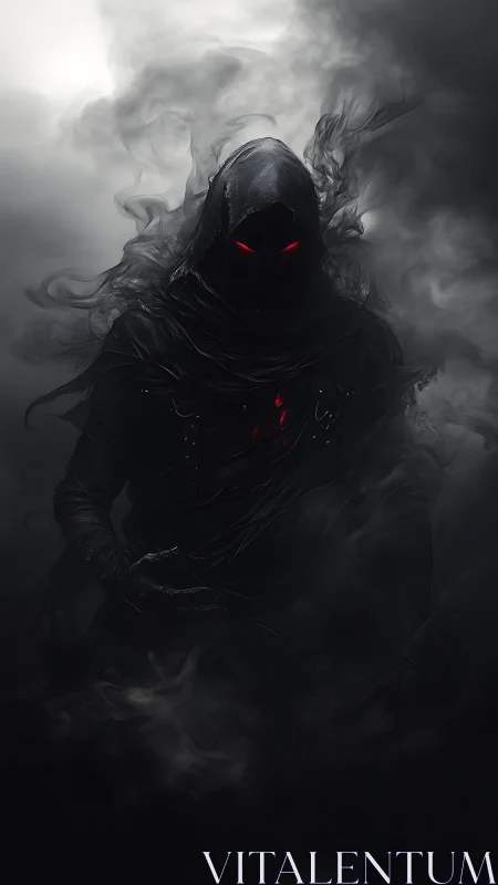 Hooded shadow figure with red eyes in swirling smoke.