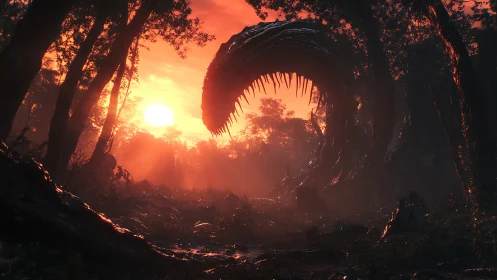 Colossal serpentine maw dominates burning jungle sunset