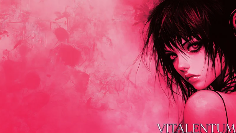 Neon magenta digital portrait of pensive woman on abstract field.