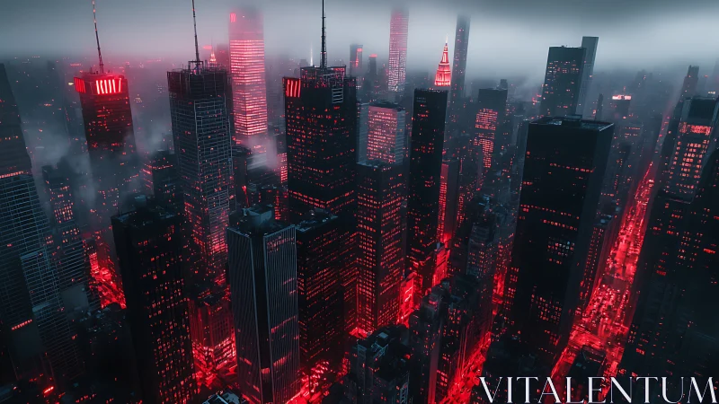 Red illuminated cyberpunk cityscape in dense night fog.