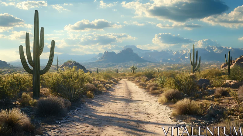 Sunlit desert trail winding toward peaceful blue mountains.
