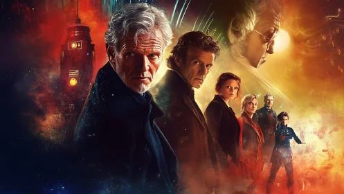 Mature spacefarers stand in fiery nebula with looming craft