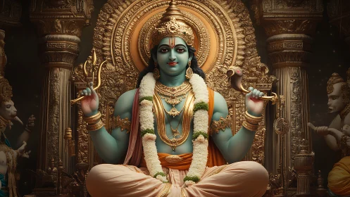 Seated blue-skinned deity holds ritual objects in ornate shrine