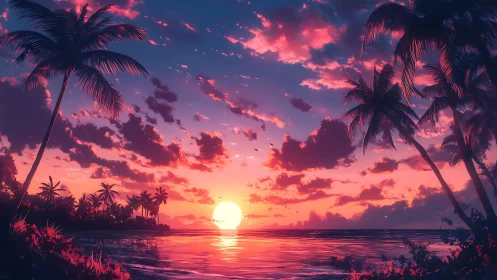Tropical sunset ignites palm-framed horizon over sea.