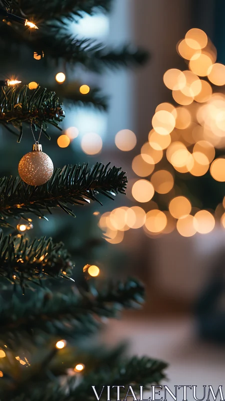 Glittering bauble hangs on evergreen branch before blurred tree