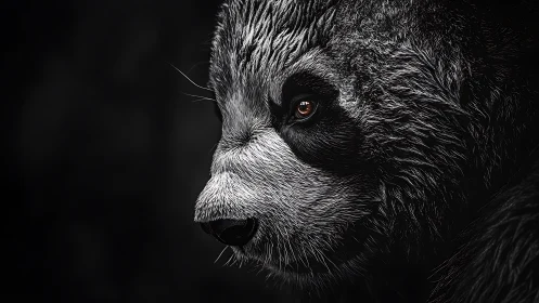 Side profile of panda head in monochrome close-up view.