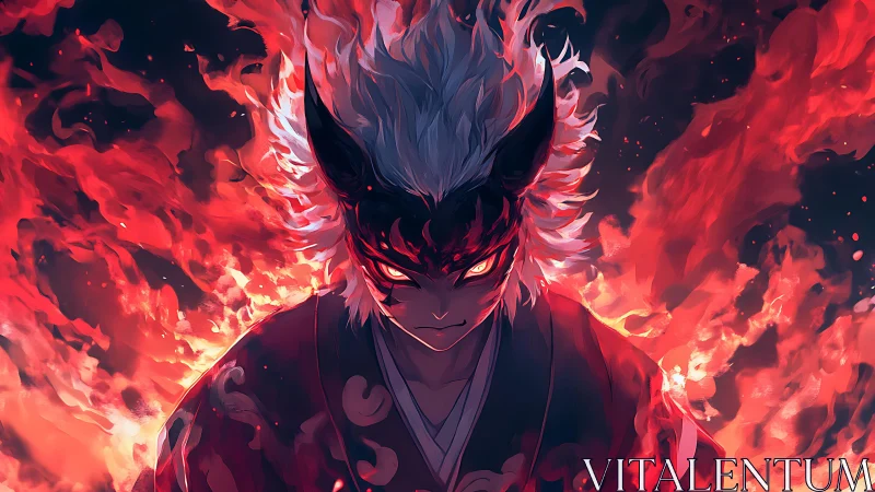 Masked figure with white hair surrounded by red flames.