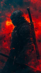 Incandescent armored swordsman emerging from turbulent plasma field.