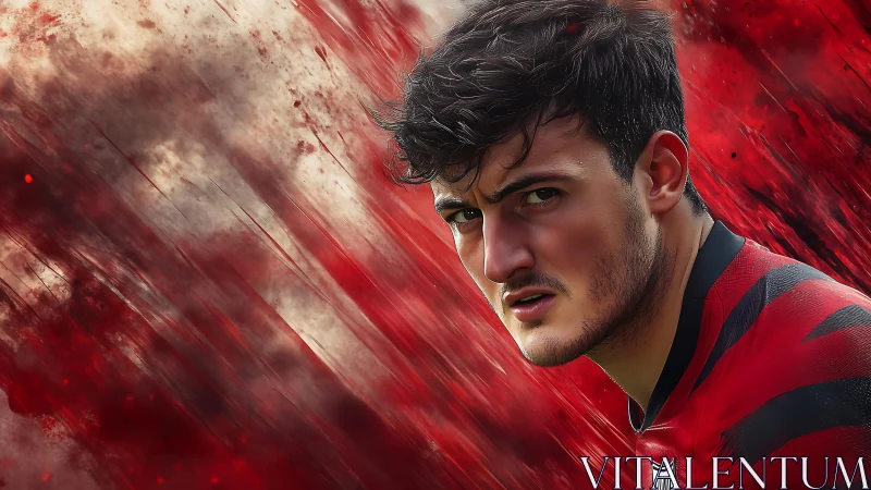 Dynamic digital portrait of footballer amid red motion streaks