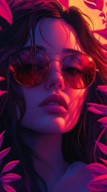 Neon rim-lit portrait with reflective red lenses and bicolor foliage