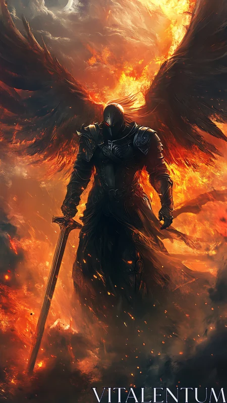 Dark armored angel rises amid fire and shadowed skies.