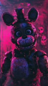 Neon-soaked haunted animatronic bear in glitchy spotlight.