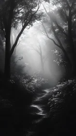 Atmospheric forest corridor with volumetric light diffusion through dense canopy