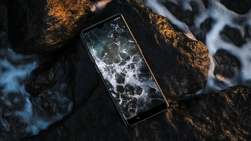Smartphone displaying turbulent ocean waves on rocky shore.