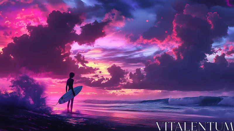 Surfer watches neon sunset skies ignite the rolling ocean