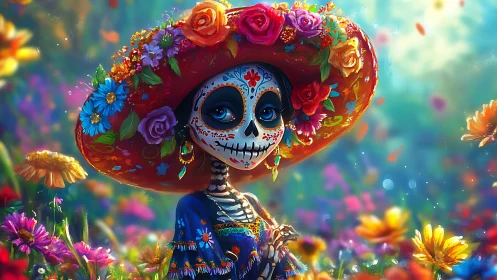 Calavera girl radiates color in lush D&iacute;a de Muertos garden.