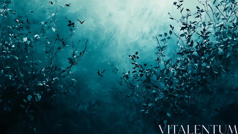 Mystic teal forest under swirling fog and distant birds.