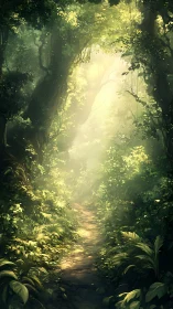 Forest path with canopy light penetration and layered vegetation.