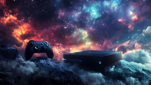 Xbox console and controller float above clouds under nebula sky