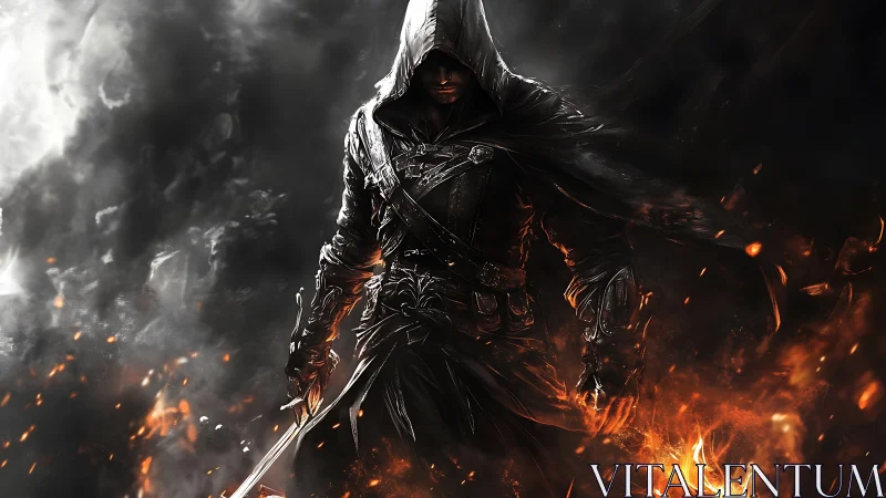 Hooded armored warrior stands amid swirling fire and smoke