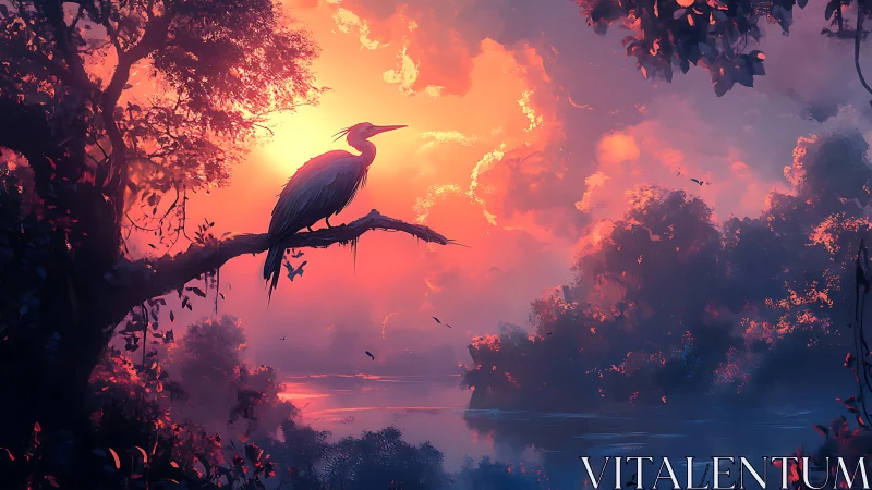 Heron on tree branch at vivid orange river sunset.