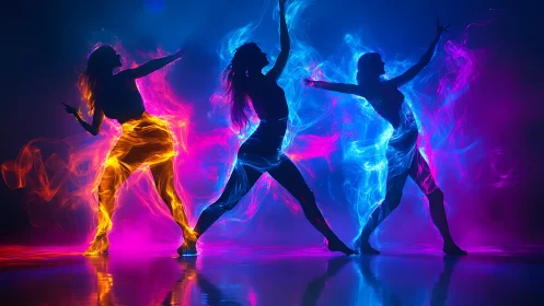 Neon silhouette dancers wrapped in swirling light trails.