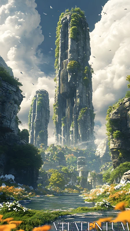 Soaring verdant spires above a tranquil fantasy river valley.
