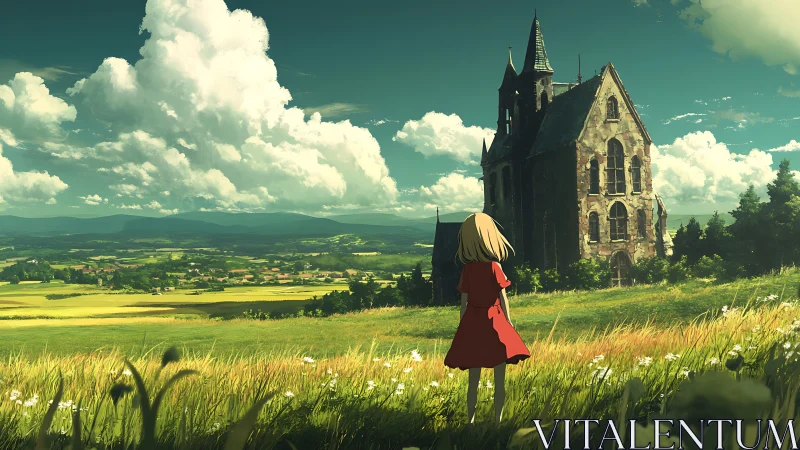 Girl observing old stone church in wide rural landscape.