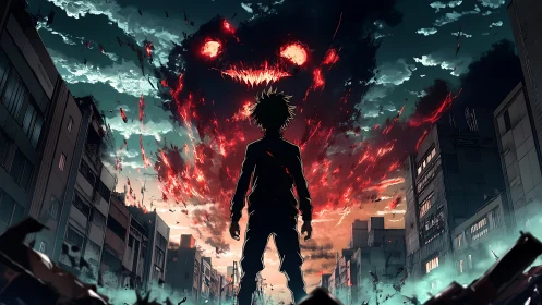 Silhouetted hero confronting apocalyptic fiery sky demon.