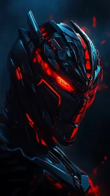 Cybernetic war machine glows with molten red circuitry.