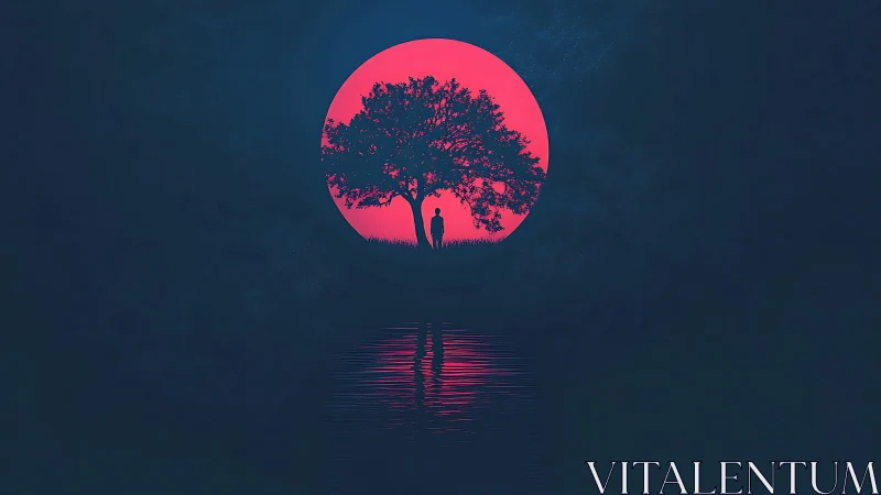 Crimson moon cradles a lone dreamer beneath quiet branches