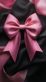 Pink satin gift bow on black fabric background.