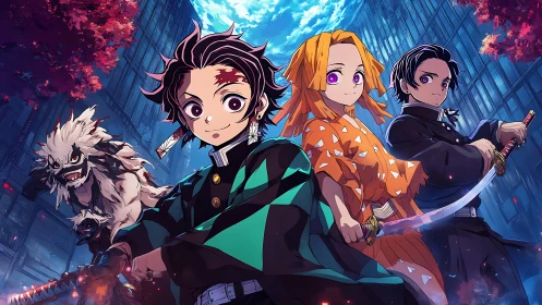 Four stylized sword users stand aligned in an urban canyon