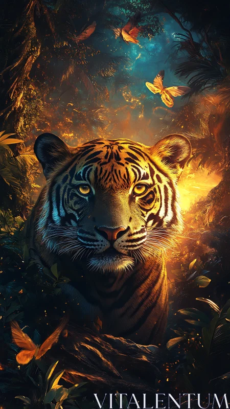 Ember-eyed jungle tiger crowned by glowing midnight butterflies.