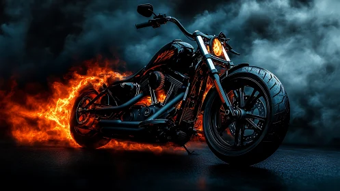 Hellfire highway chopper blazing through stormy smoke.